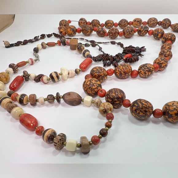 Set of 3 Vintage African Tribal Necklaces Handcrafted Beaded Wood Bone Jewelry - Picture 6 of 8